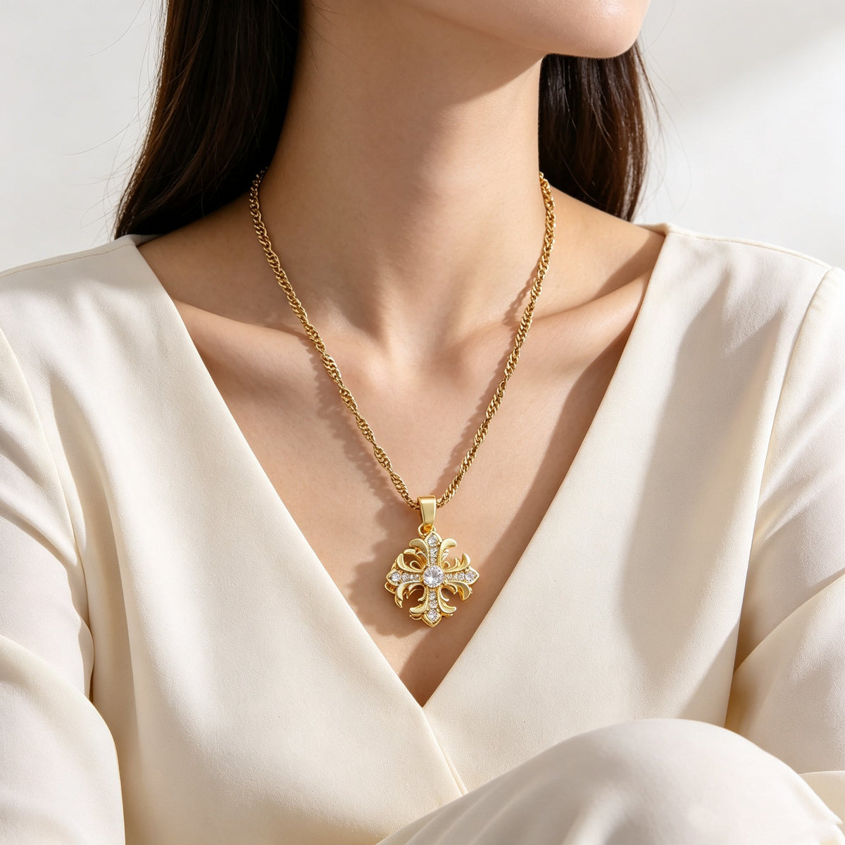 Vintage 18K gold plated cross zircon pendant necklace with twisted chain for women