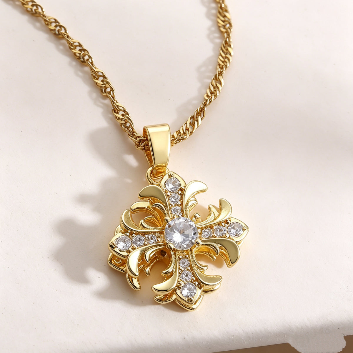 Vintage 18K gold plated cross zircon pendant necklace with twisted chain for women