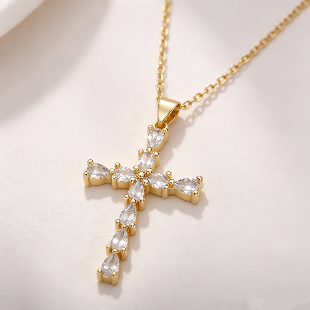 Sparkling CZ Cross Pendant Gold Tone Titanium Steel Chain