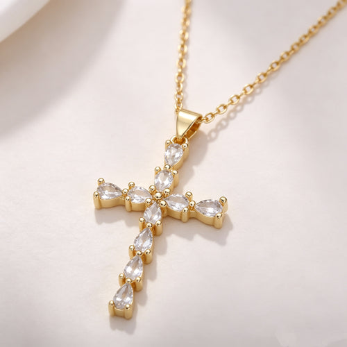 Sparkling CZ Cross Pendant Gold Tone Titanium Steel Chain