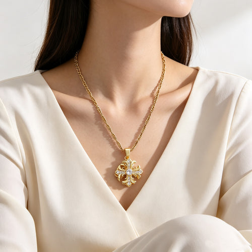 Vintage 18K gold plated cross zircon pendant necklace with twisted chain for women