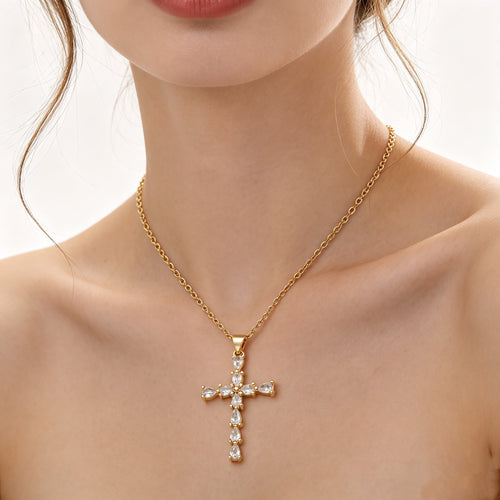 18K Real Gold Plated Teardrop Zircon Cross Necklace for Women