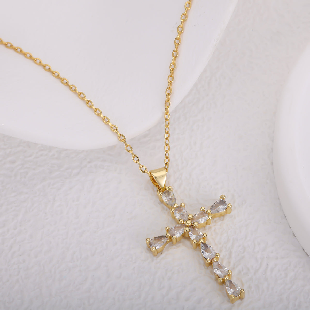 18K Real Gold Plated Copper Teardrop Zircon Cross Necklace, Gold Tone Titanium Steel Chain Christian Religious Jewelry for Women
