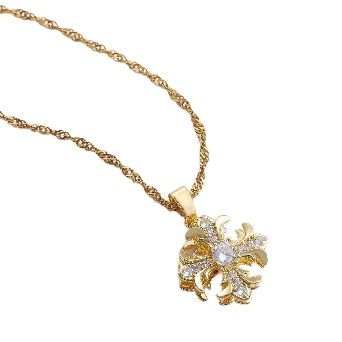 Vintage 18K gold plated cross zircon pendant necklace with twisted chain for women