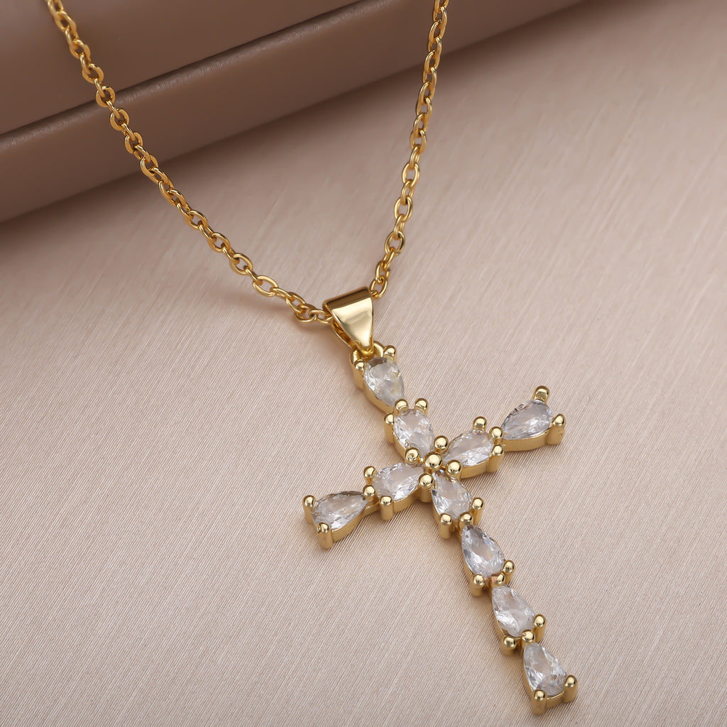 18K Real Gold Plated Copper Teardrop Zircon Cross Necklace, Gold Tone Titanium Steel Chain Christian Religious Jewelry for Women