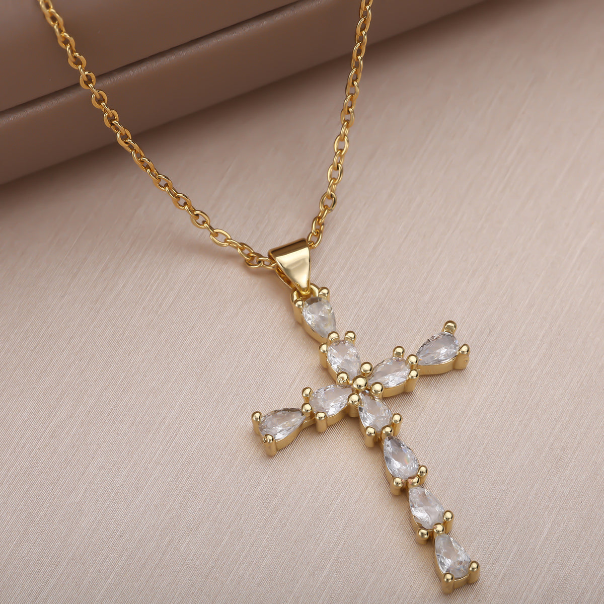 18K Real Gold Plated Copper Teardrop Zircon Cross Necklace, Gold Tone Titanium Steel Chain Christian Religious Jewelry for Women
